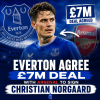 Christian Norgaard in an Everton jersey, celebrating a deal with Arsenal to join the club.