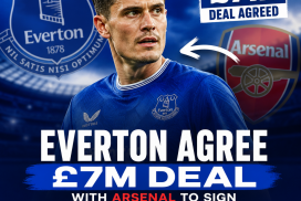 Christian Norgaard in an Everton jersey, celebrating a deal with Arsenal to join the club.