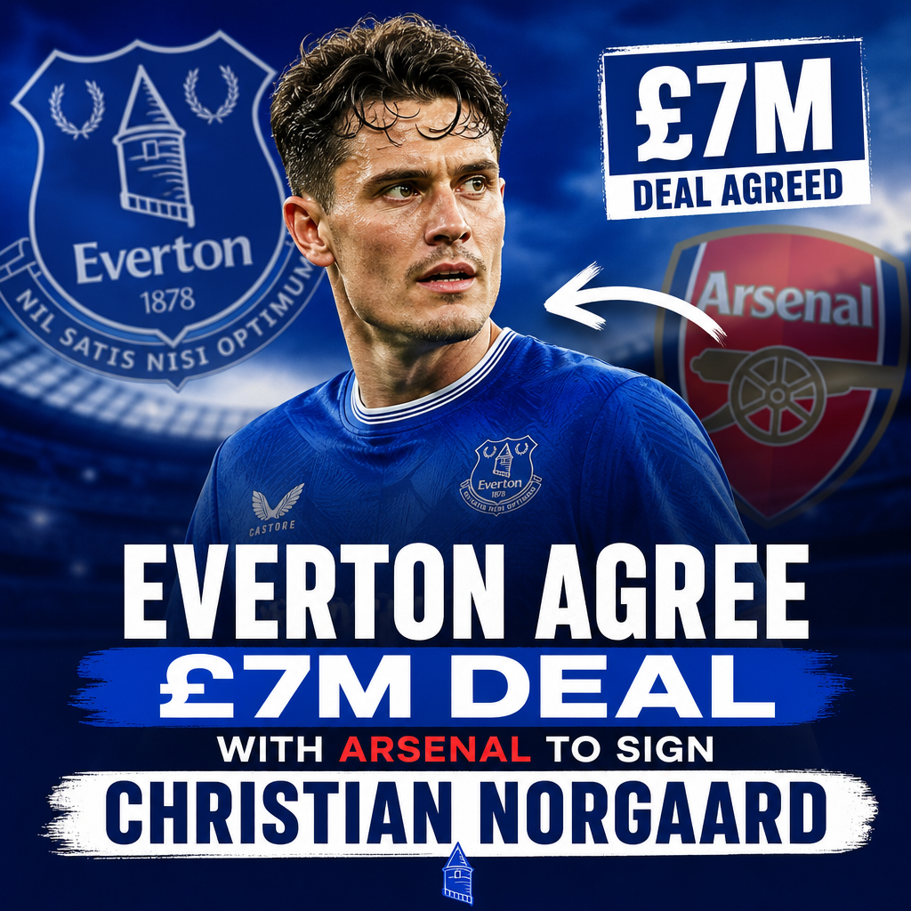 Christian Norgaard in an Everton jersey, celebrating a deal with Arsenal to join the club.