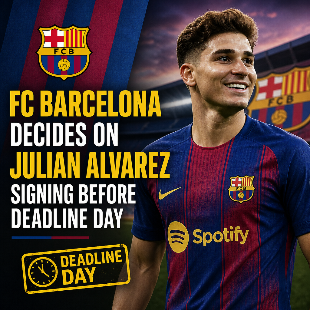 FC Barcelona officials in a meeting discussing the potential signing of Julian Alvarez before the transfer deadline.