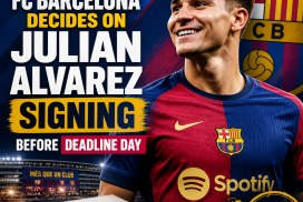 FC Barcelona officials in a meeting room discussing the possible signing of Julian Alvarez before the transfer deadline.