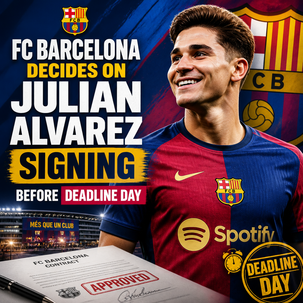 FC Barcelona officials in a meeting room discussing the possible signing of Julian Alvarez before the transfer deadline.