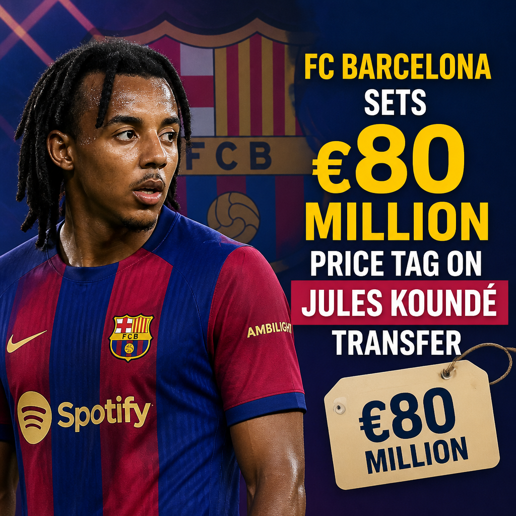 Jules Koundé in FC Barcelona jersey with €80 million price tag graphic in the background.