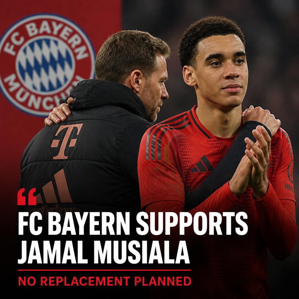 FC Bayern Munich players holding a banner supporting Jamal Musiala during a match.