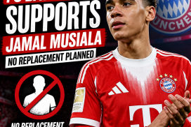 FC Bayern Munich players celebrating on the field, showing support for Jamal Musiala with no replacement planned.