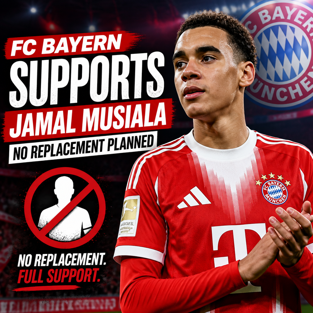 FC Bayern Munich players celebrating on the field, showing support for Jamal Musiala with no replacement planned.