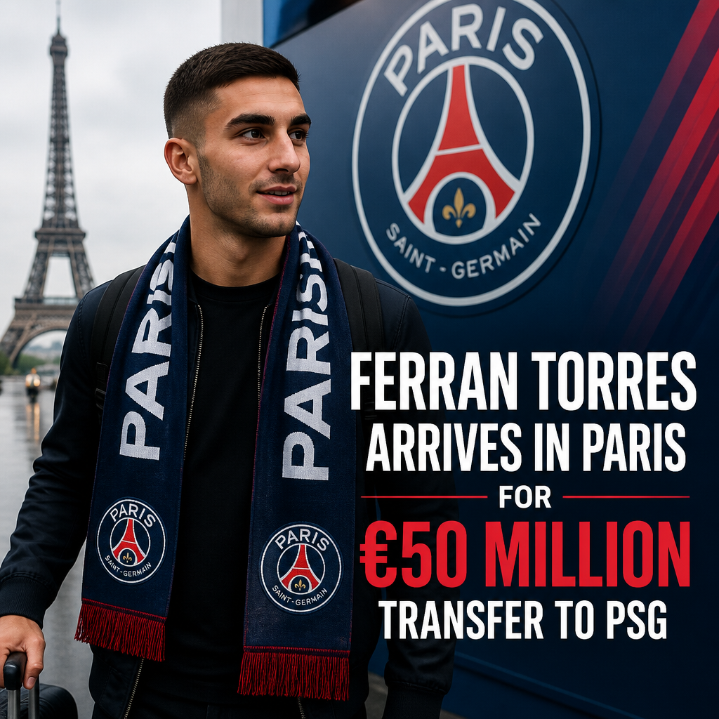 Ferran Torres arrives in Paris for PSG transfer, walking near the Eiffel Tower on a sunny day.