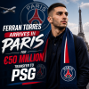 Ferran Torres arrives in Paris wearing a PSG scarf, with the Eiffel Tower and city skyline behind him.