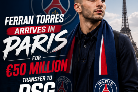 Ferran Torres arrives in Paris wearing a PSG scarf, with the Eiffel Tower and city skyline behind him.
