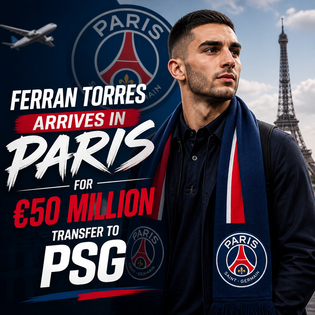 Ferran Torres arrives in Paris wearing a PSG scarf, with the Eiffel Tower and city skyline behind him.