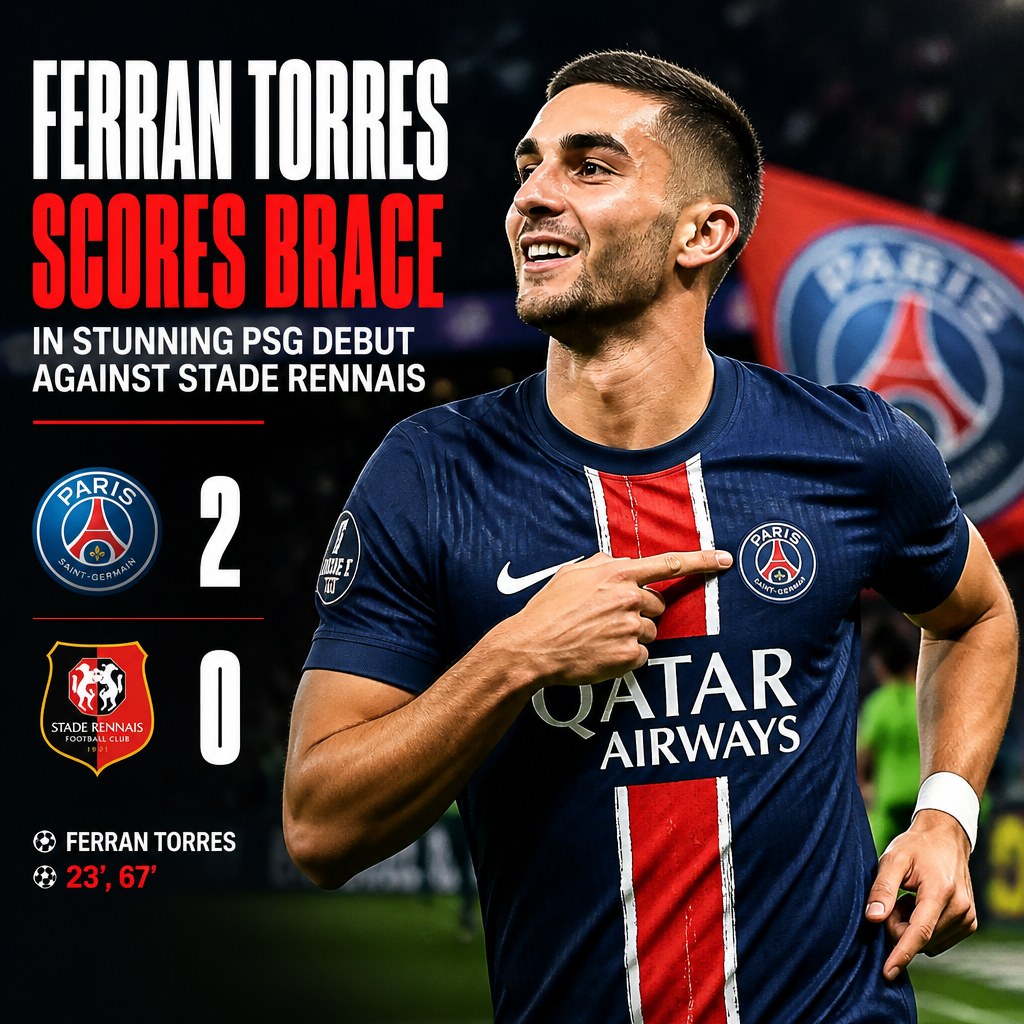 Ferran Torres celebrates after scoring twice in his stunning PSG debut against Stade Rennais.