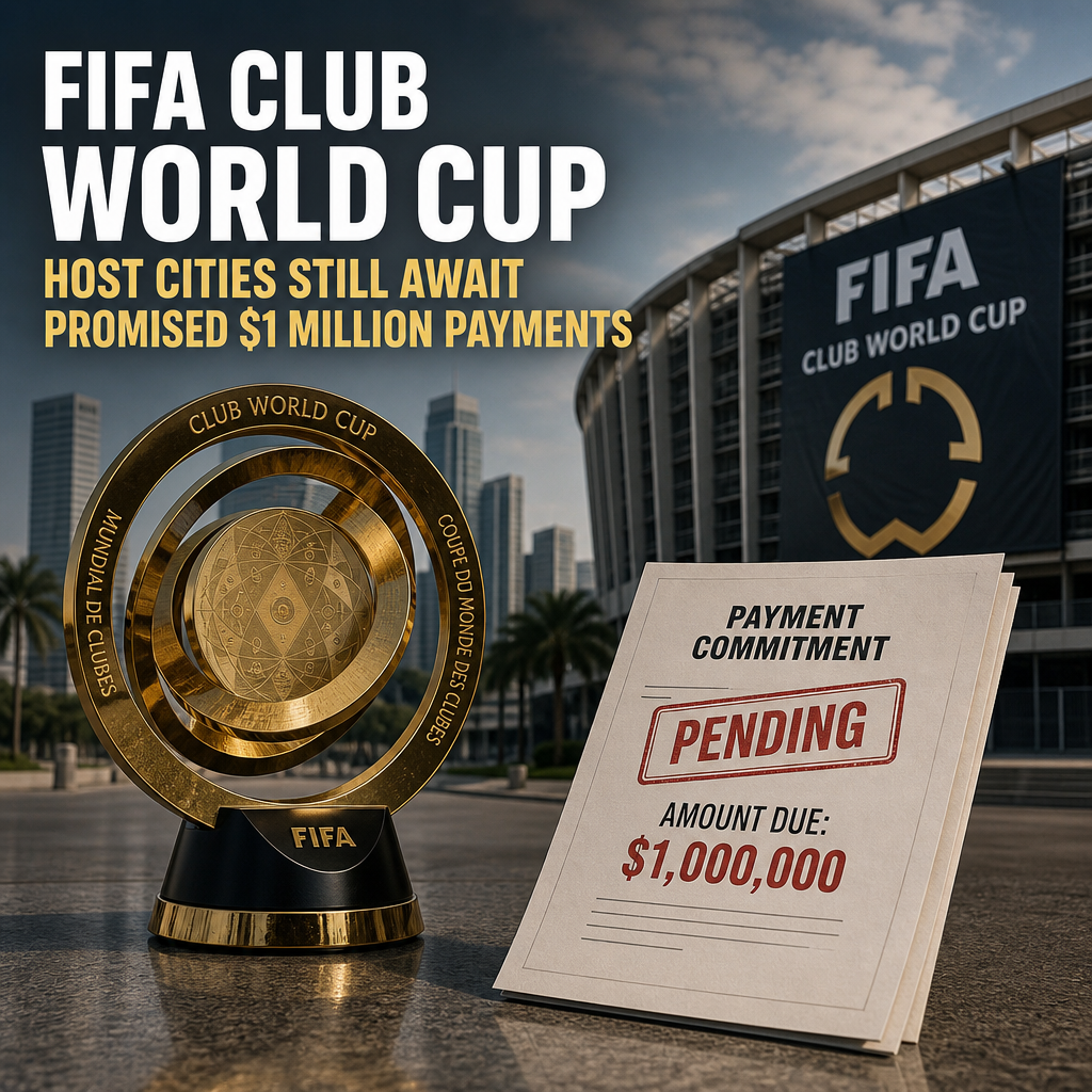 Map showing FIFA Club World Cup host cities with payment status and locations highlighted in red and blue.