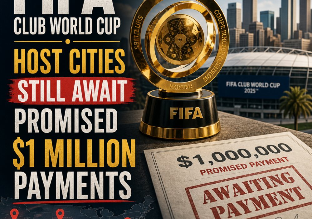 Map showing FIFA Club World Cup host cities with icons indicating delayed $1 million payments for 2025.
