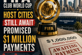 Map showing FIFA Club World Cup host cities with icons indicating delayed $1 million payments for 2025.