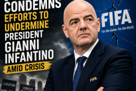 President Gianni Infantino speaking at a podium with FIFA logo during a press conference.