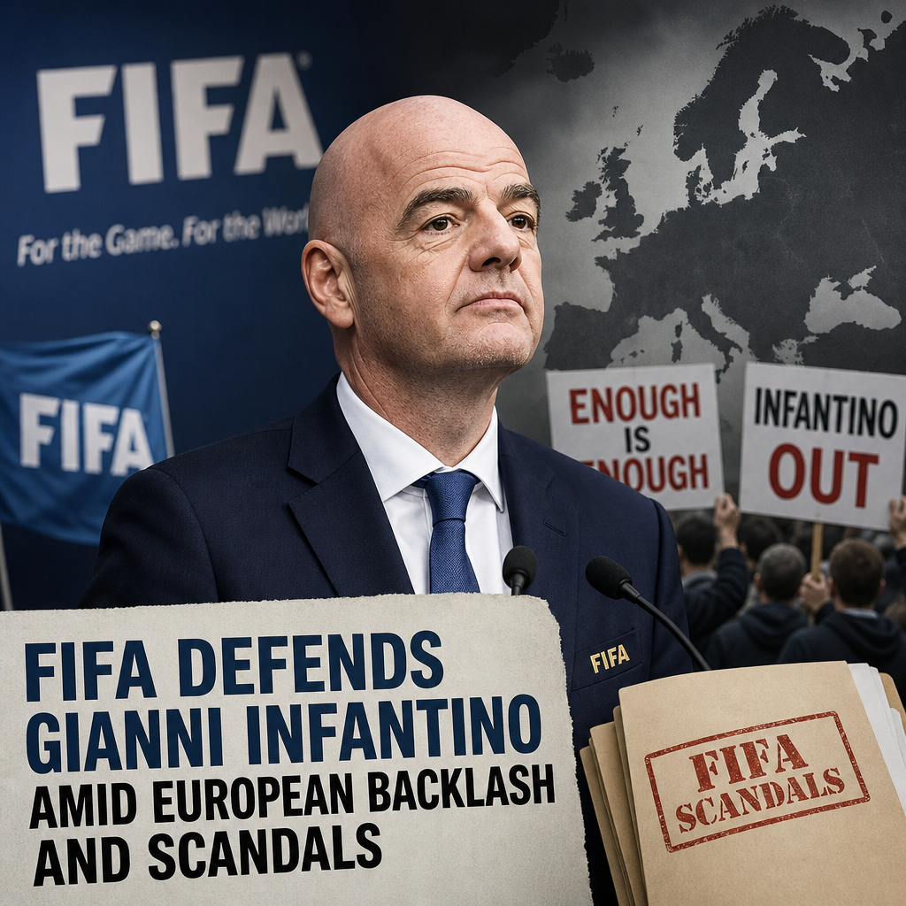 FIFA President Gianni Infantino speaking at a press conference with microphones in front of him.