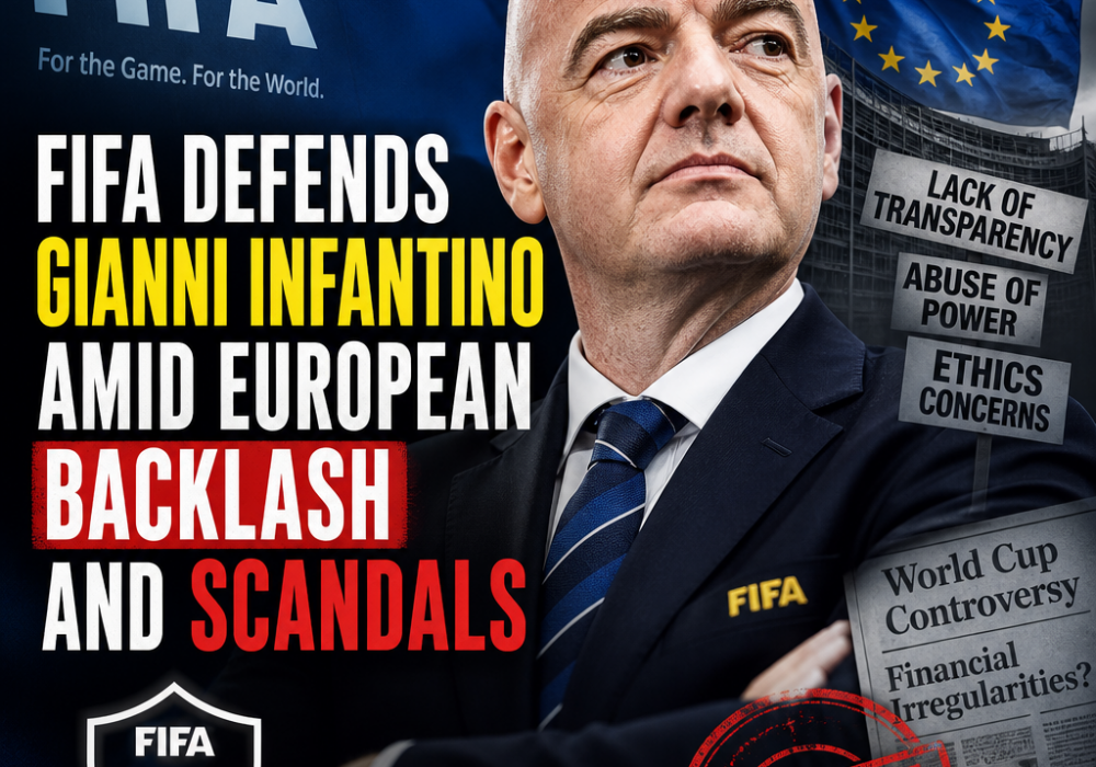 Gianni Infantino speaking at a FIFA event with logos and European members behind him.