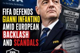 Gianni Infantino speaking at a FIFA event with logos and European members behind him.