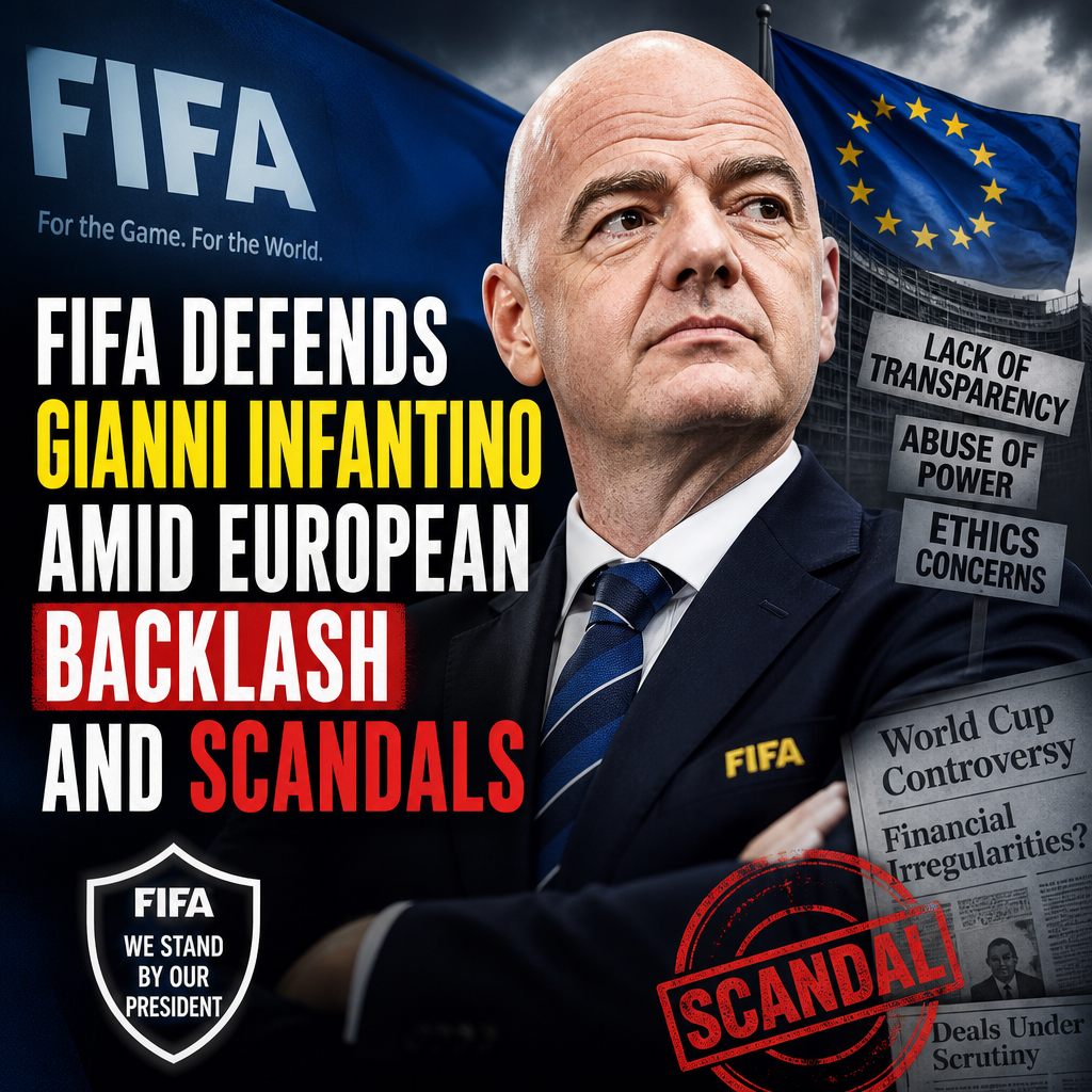 Gianni Infantino speaking at a FIFA event with logos and European members behind him.
