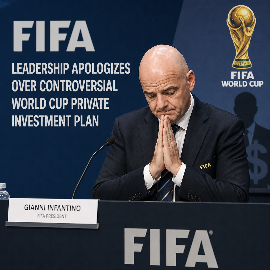FIFA President Gianni Infantino speaking at a press conference, addressing controversy over World Cup investment plan.