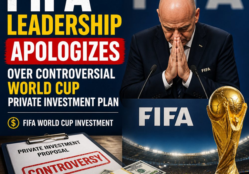 FIFA president and officials apologize over controversial World Cup investment plan with money and trophy visuals.