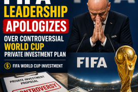 FIFA president and officials apologize over controversial World Cup investment plan with money and trophy visuals.