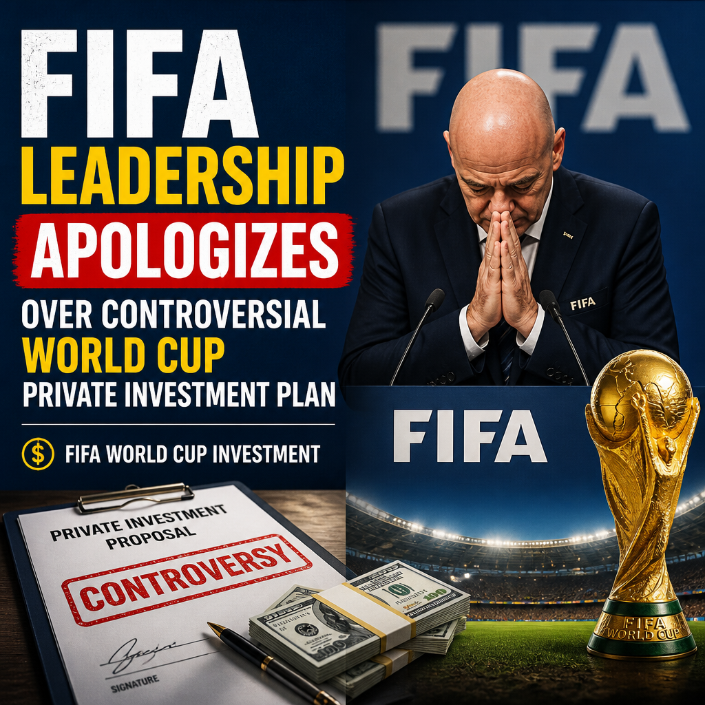 FIFA president and officials apologize over controversial World Cup investment plan with money and trophy visuals.