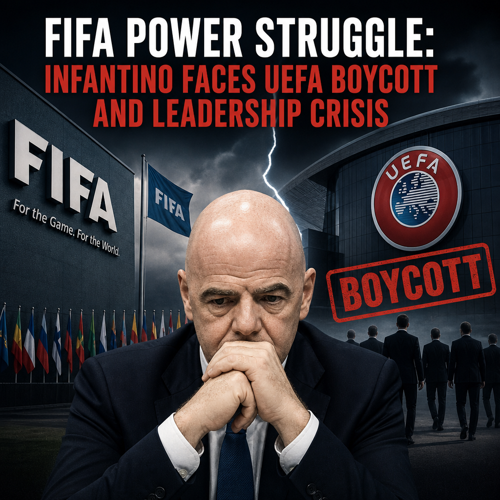FIFA President Gianni Infantino with UEFA leaders, symbolizing a power struggle and potential boycott.