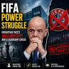 FIFA President Gianni Infantino speaking with concerned UEFA leaders in the background during a power struggle.