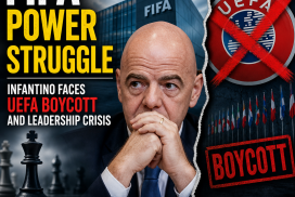 FIFA President Gianni Infantino speaking with concerned UEFA leaders in the background during a power struggle.