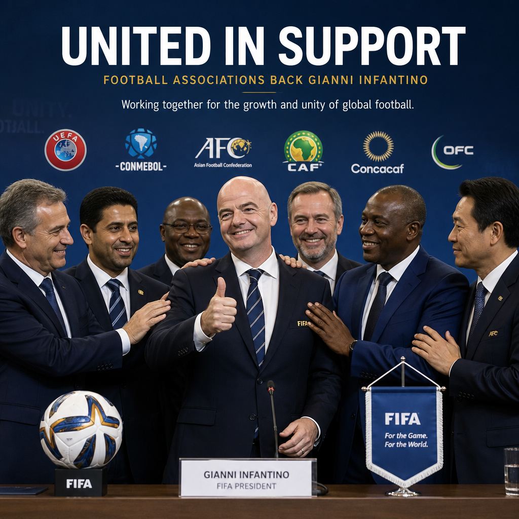 Football association leaders posing together, publicly supporting FIFA President Gianni Infantino for football unity.