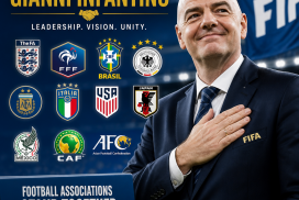 Logos of multiple football associations united, symbolizing support and unity for Gianni Infantino.