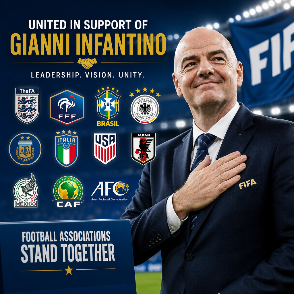 Logos of multiple football associations united, symbolizing support and unity for Gianni Infantino.