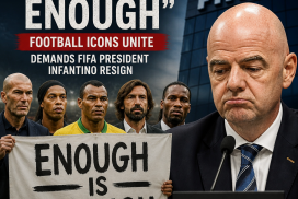 Football legends holding banners that say "Enough is Enough," demanding FIFA President Infantino's resignation.