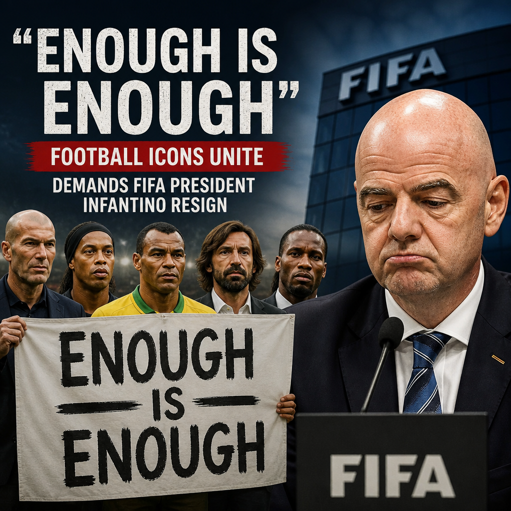 Football legends holding banners that say "Enough is Enough," demanding FIFA President Infantino's resignation.