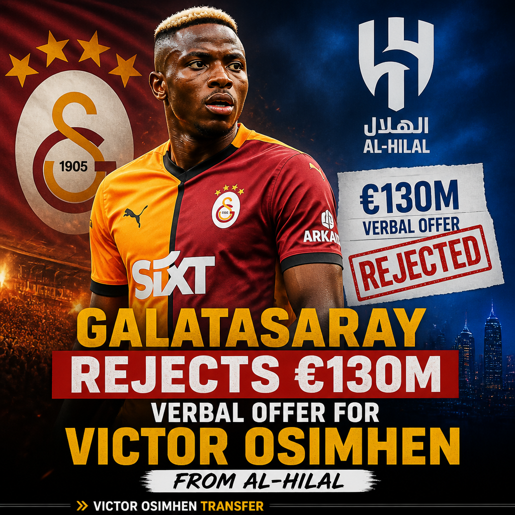 Galatasaray's emblem with a crossed-out €130M offer symbol, indicating rejection of Victor Osimhen transfer.