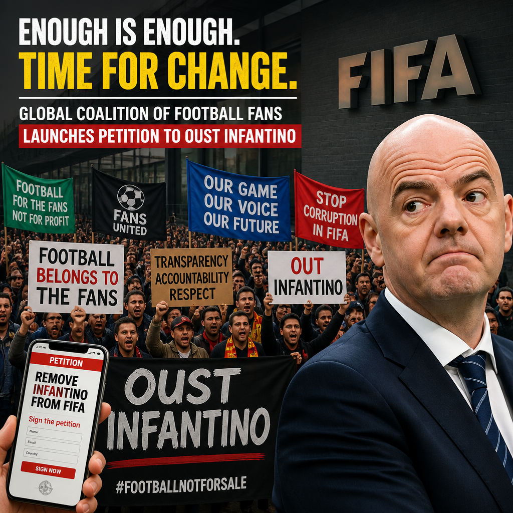 Group of diverse football fans holding banners and signs at a rally protesting FIFA president Infantino.