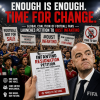 Football fans from diverse countries holding banners and petitions demanding FIFA president Infantino's resignation.