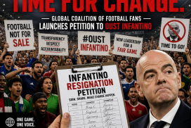 Football fans from diverse countries holding banners and petitions demanding FIFA president Infantino's resignation.