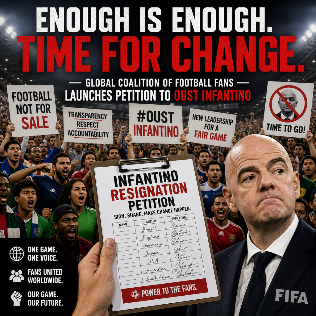 Football fans from diverse countries holding banners and petitions demanding FIFA president Infantino's resignation.