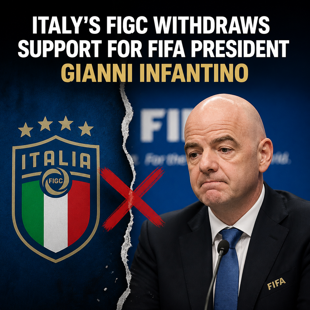 Logo of Italy's FIGC with a headline about withdrawing support for FIFA President Gianni Infantino.