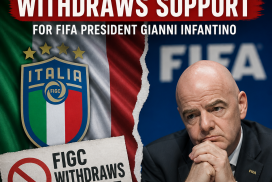 Italy's FIGC officials announcing the withdrawal of support for FIFA President Gianni Infantino at a press conference.