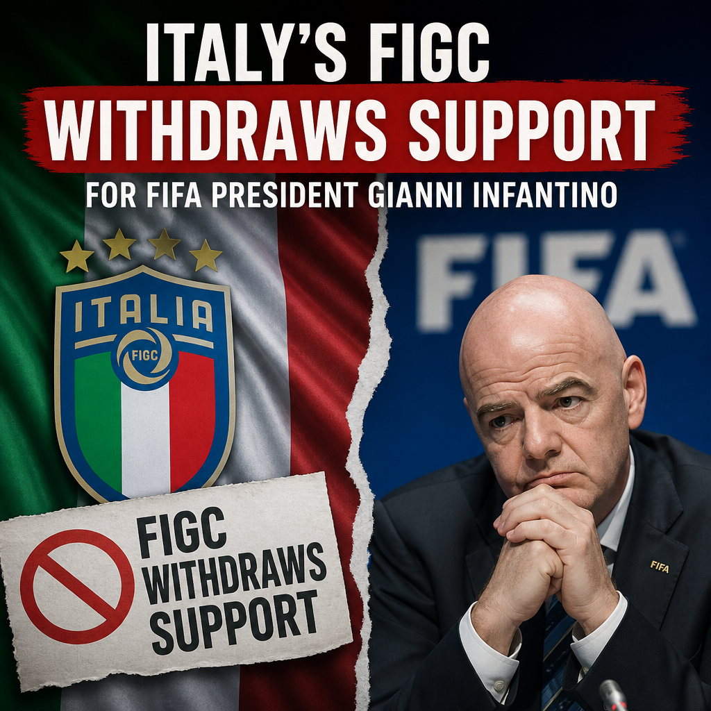 Italy's FIGC officials announcing the withdrawal of support for FIFA President Gianni Infantino at a press conference.