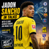 Jadon Sancho in a yellow football jersey during a match, symbolizing transfer talks with European and Middle Eastern clubs.