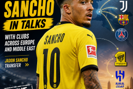 Jadon Sancho in a yellow football jersey during a match, symbolizing transfer talks with European and Middle Eastern clubs.