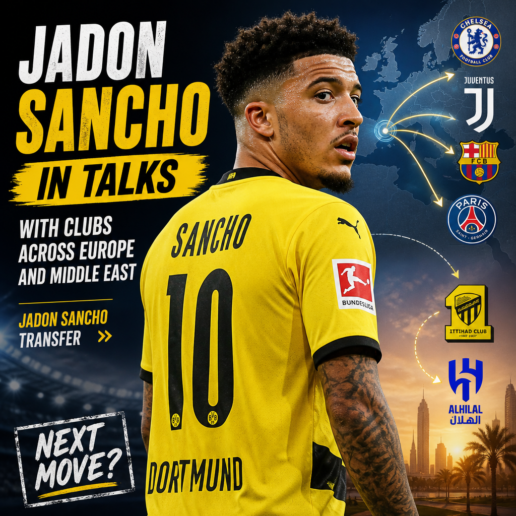 Jadon Sancho in a yellow football jersey during a match, symbolizing transfer talks with European and Middle Eastern clubs.