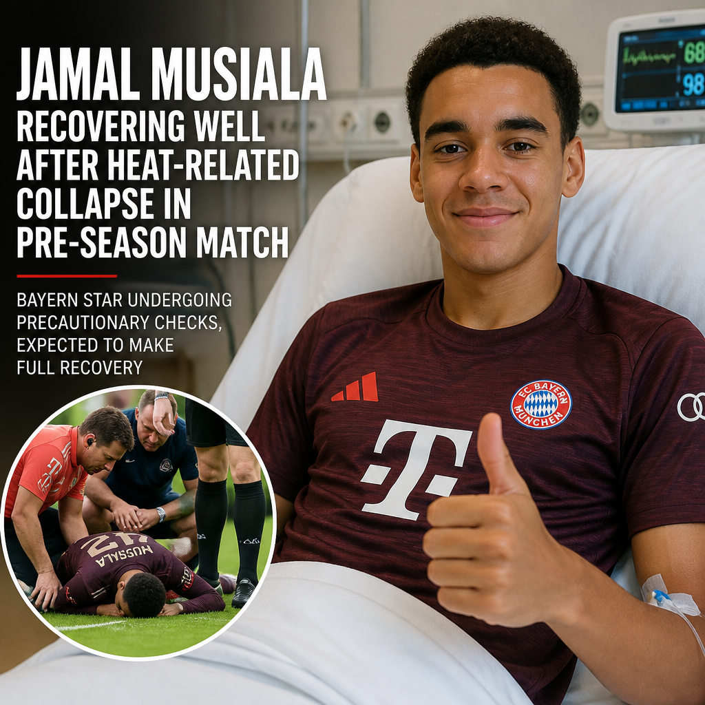 Jamal Musiala resting in a hospital bed, recovering after heat-related collapse during Bayern Munich pre-season match.