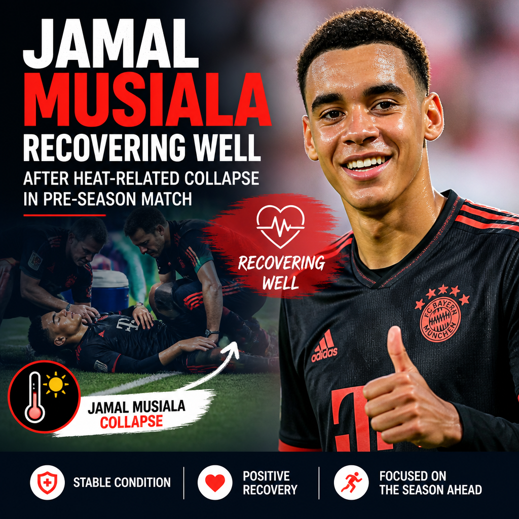 Jamal Musiala in Bayern Munich training kit, jogging on the field during a sunny pre-season match.