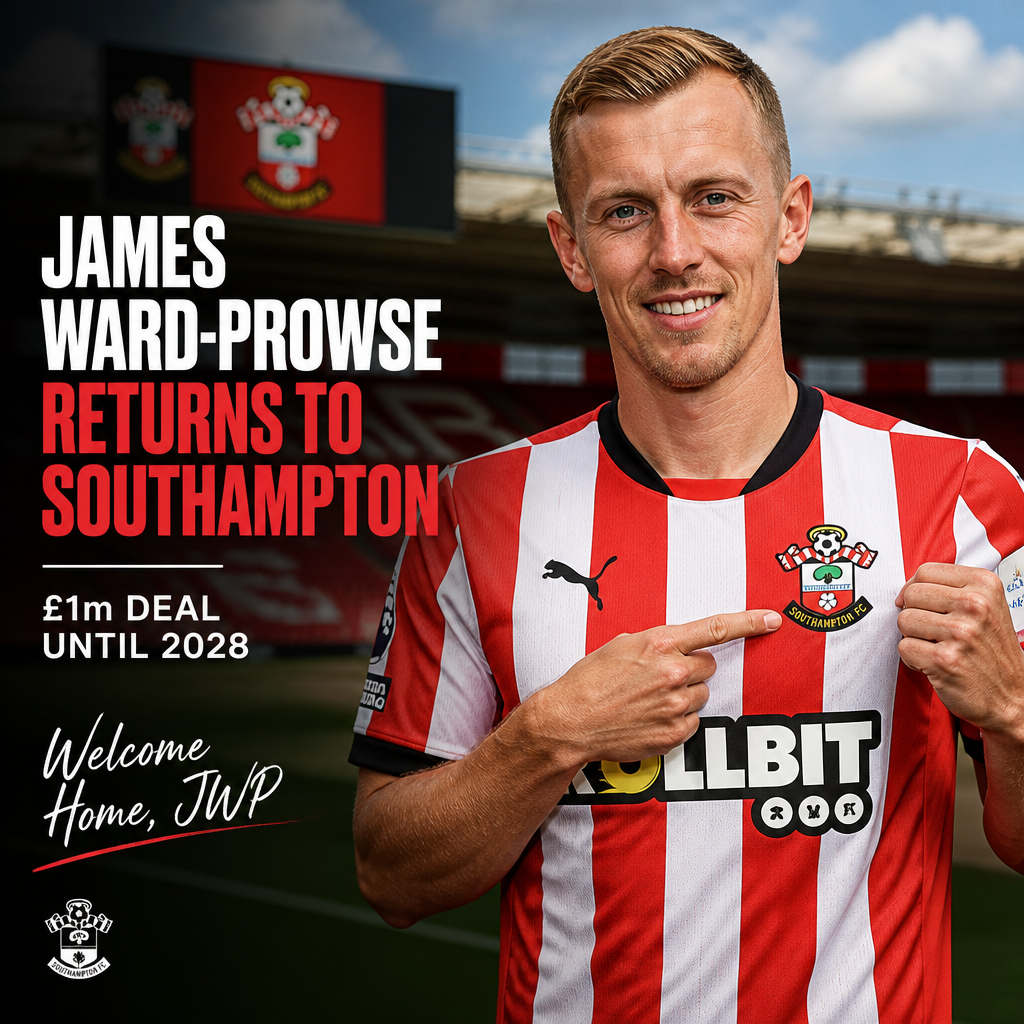 James Ward-Prowse in Southampton FC kit celebrating on the pitch during a match.