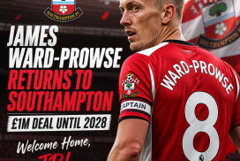 James Ward-Prowse in Southampton FC kit celebrating a goal on the pitch.